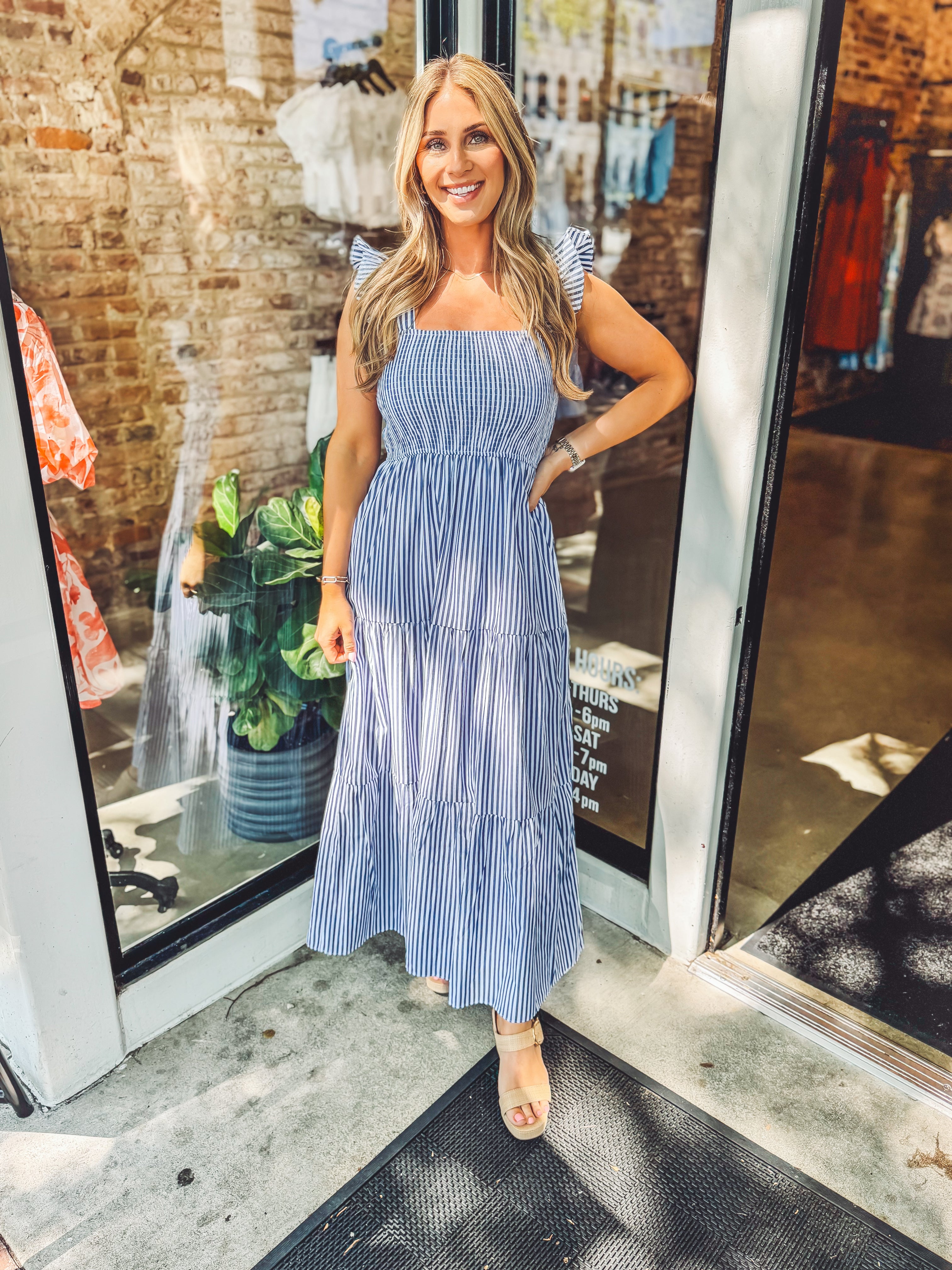 navy blue white striped maxi dress Keep It Straight Navy Stripe Stretch Knit Maxi Dress