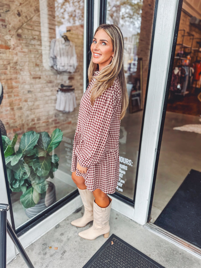 Burgundy gingham dress