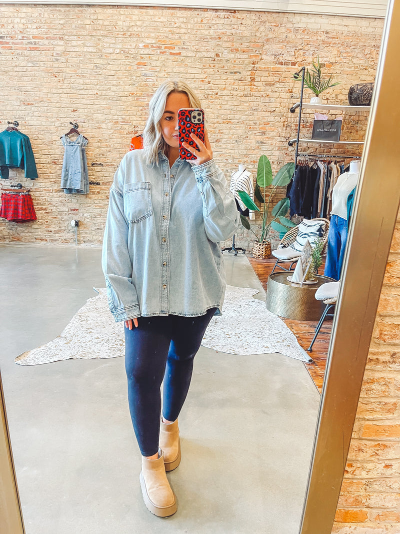 Denim button shacket