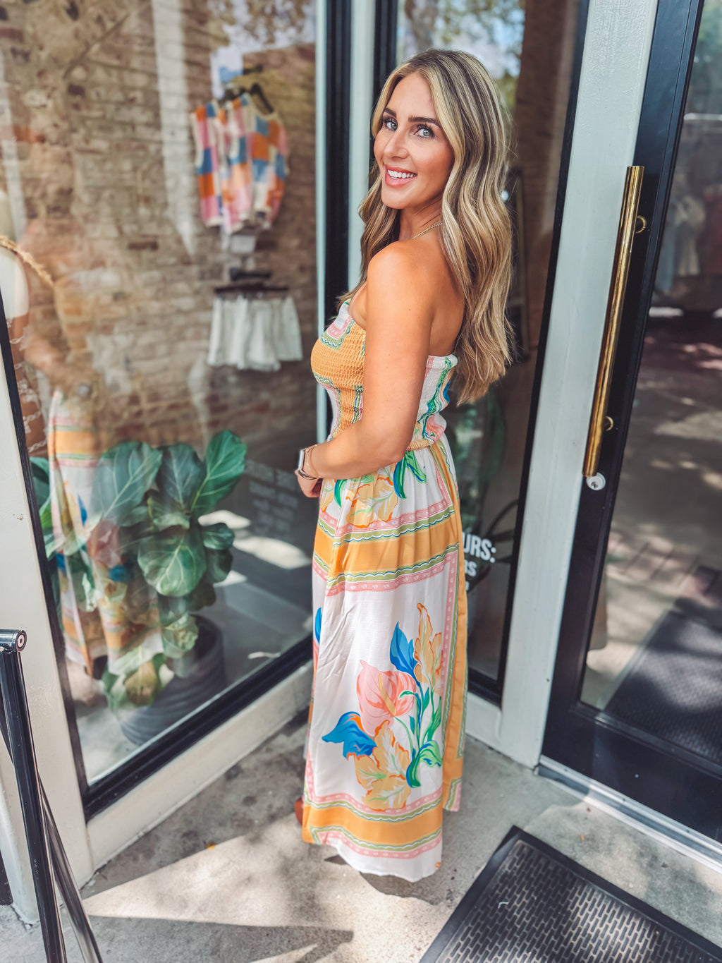 Strapless floral print maxi