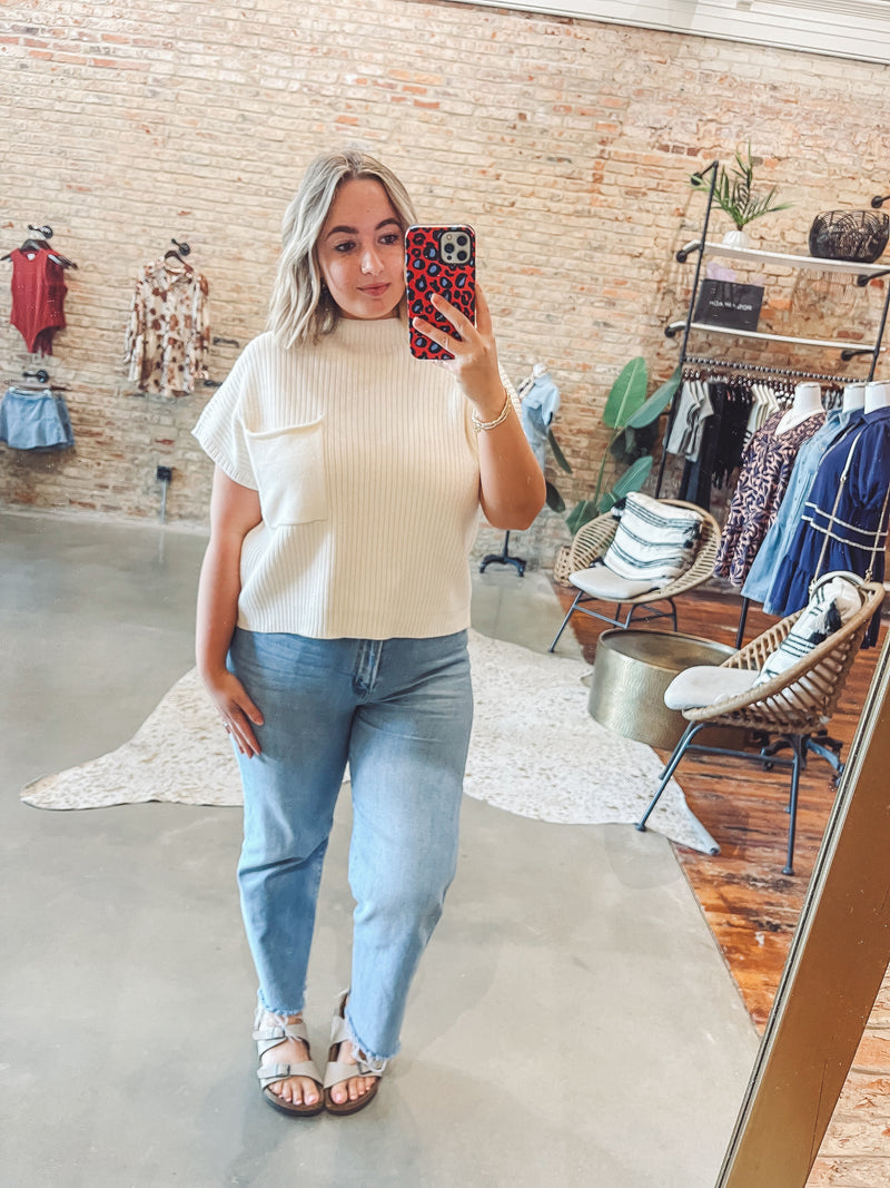 Mock neck pocket top - cream