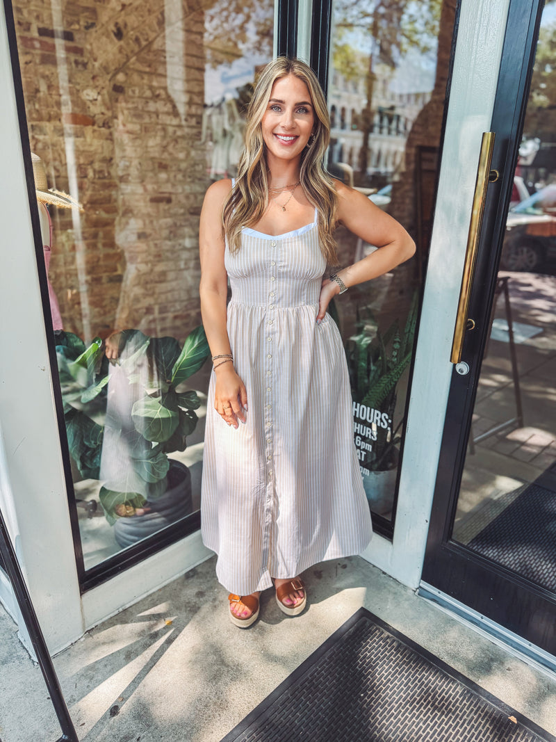 Khaki striped midi dress