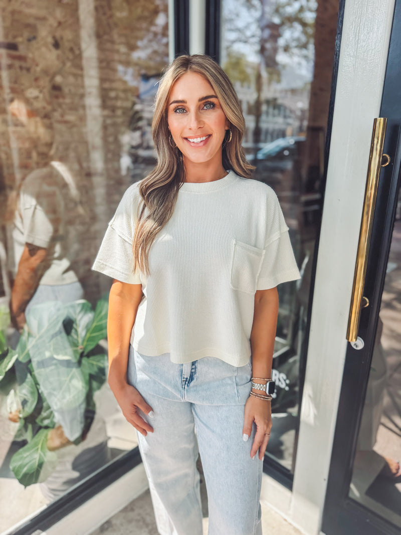 Cream ribbed pocket top