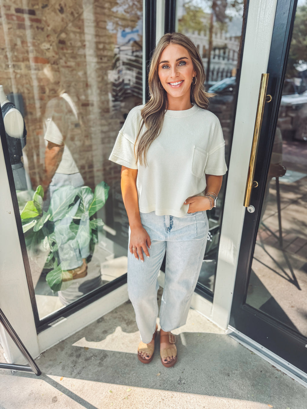 Cream ribbed pocket top