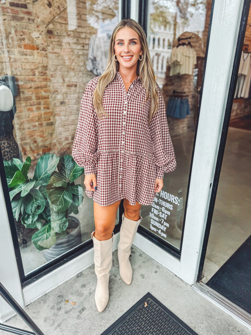 Burgundy gingham dress