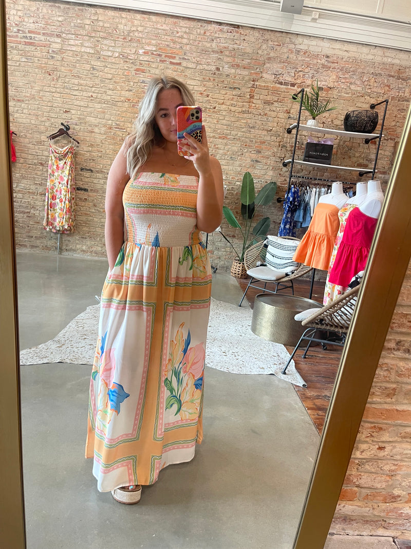 Strapless floral print maxi