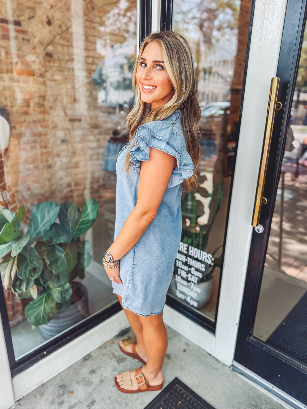 Ruffle sleeve denim dress