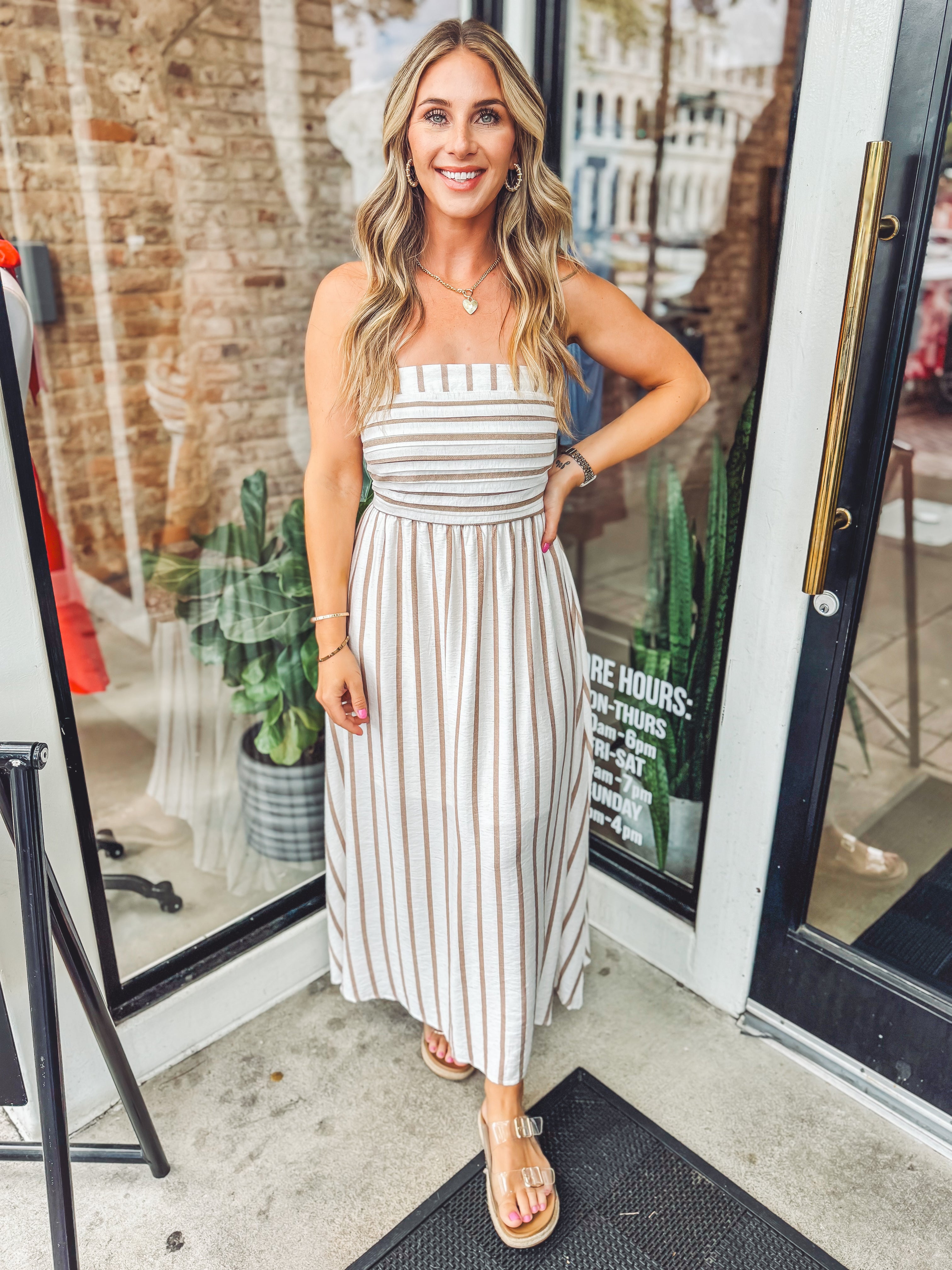 striped linen midi dress Mocha striped linen midi