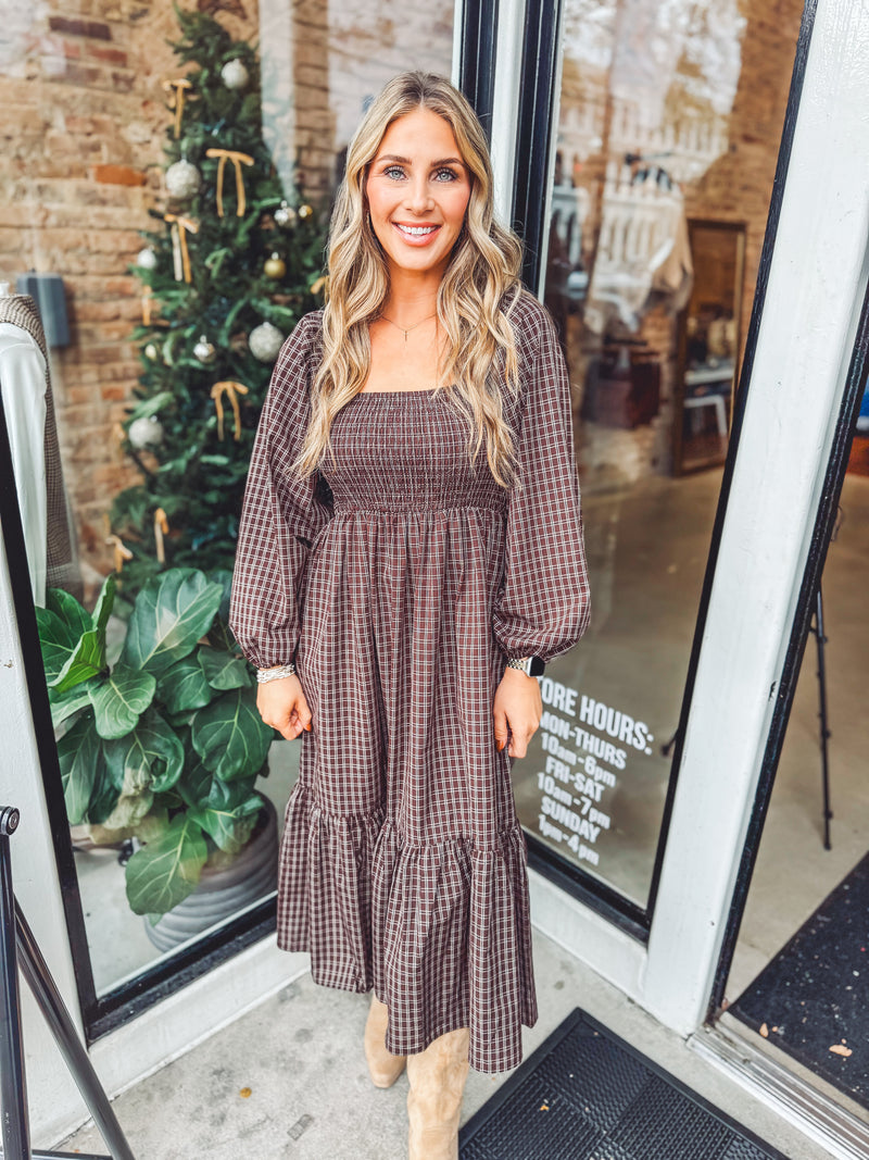 Plaid smocked midi dress