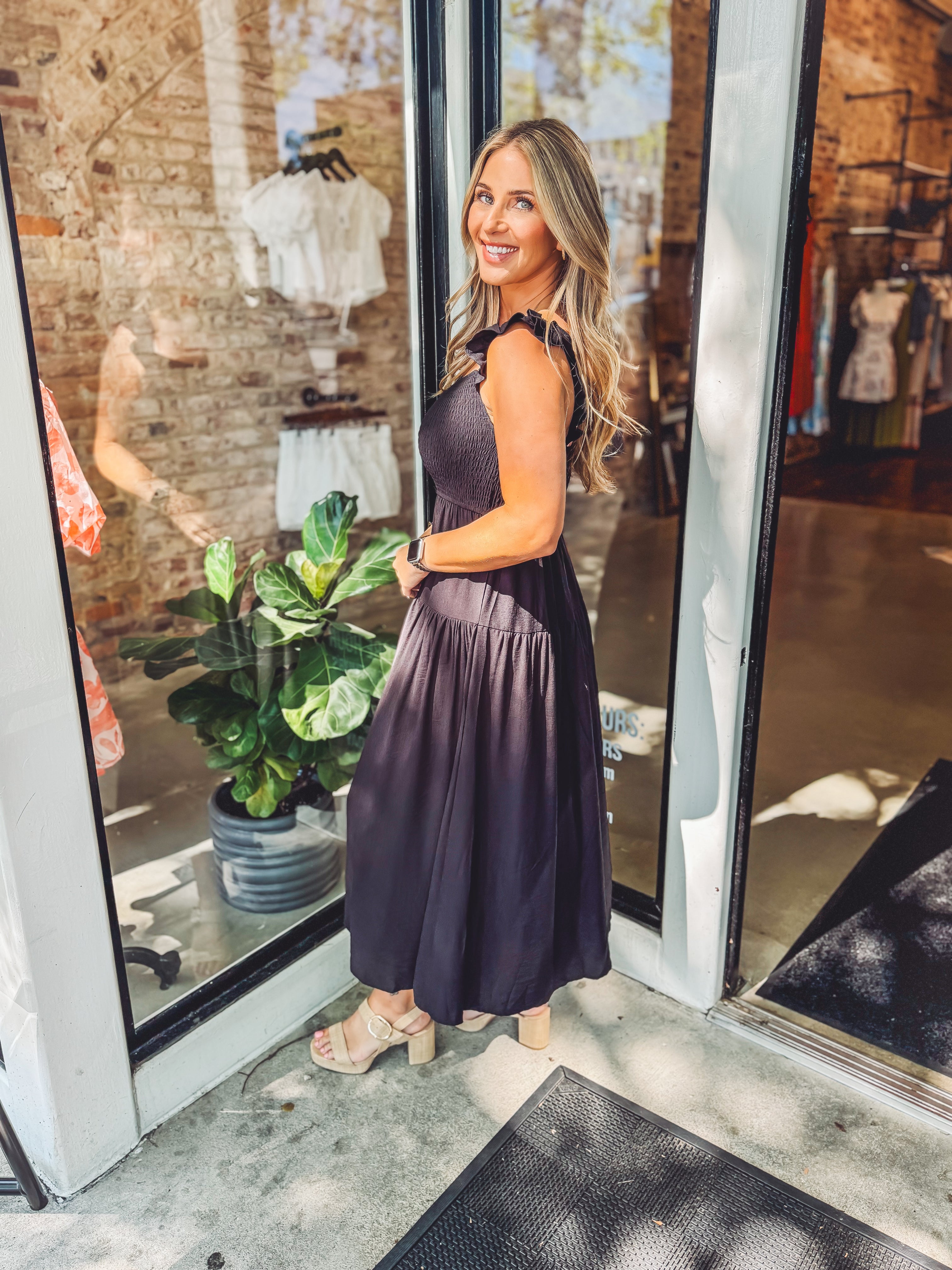 black frill midi dress Black Long Sleeve V-Neck Micro Ruffle Midi Dress