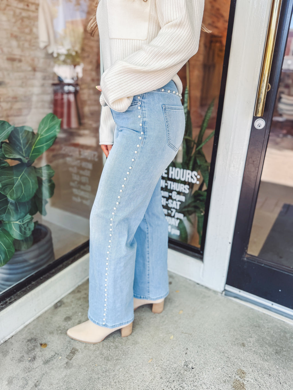 Pearl embellished denim