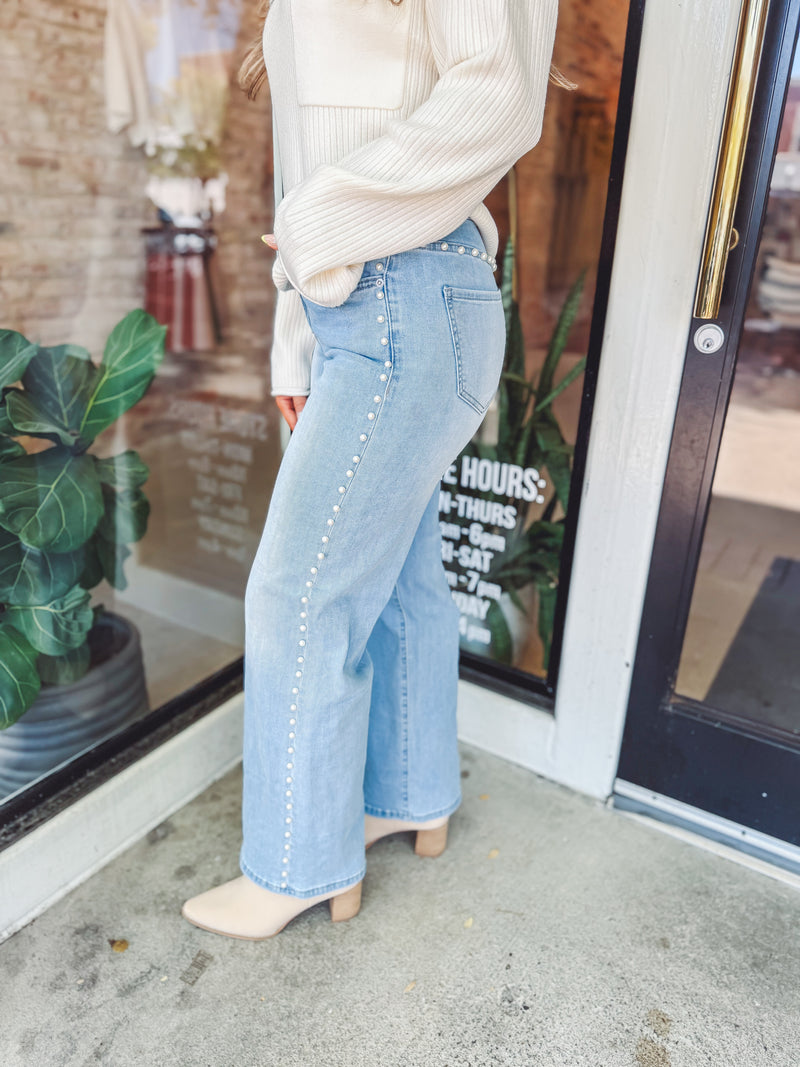 Pearl embellished denim