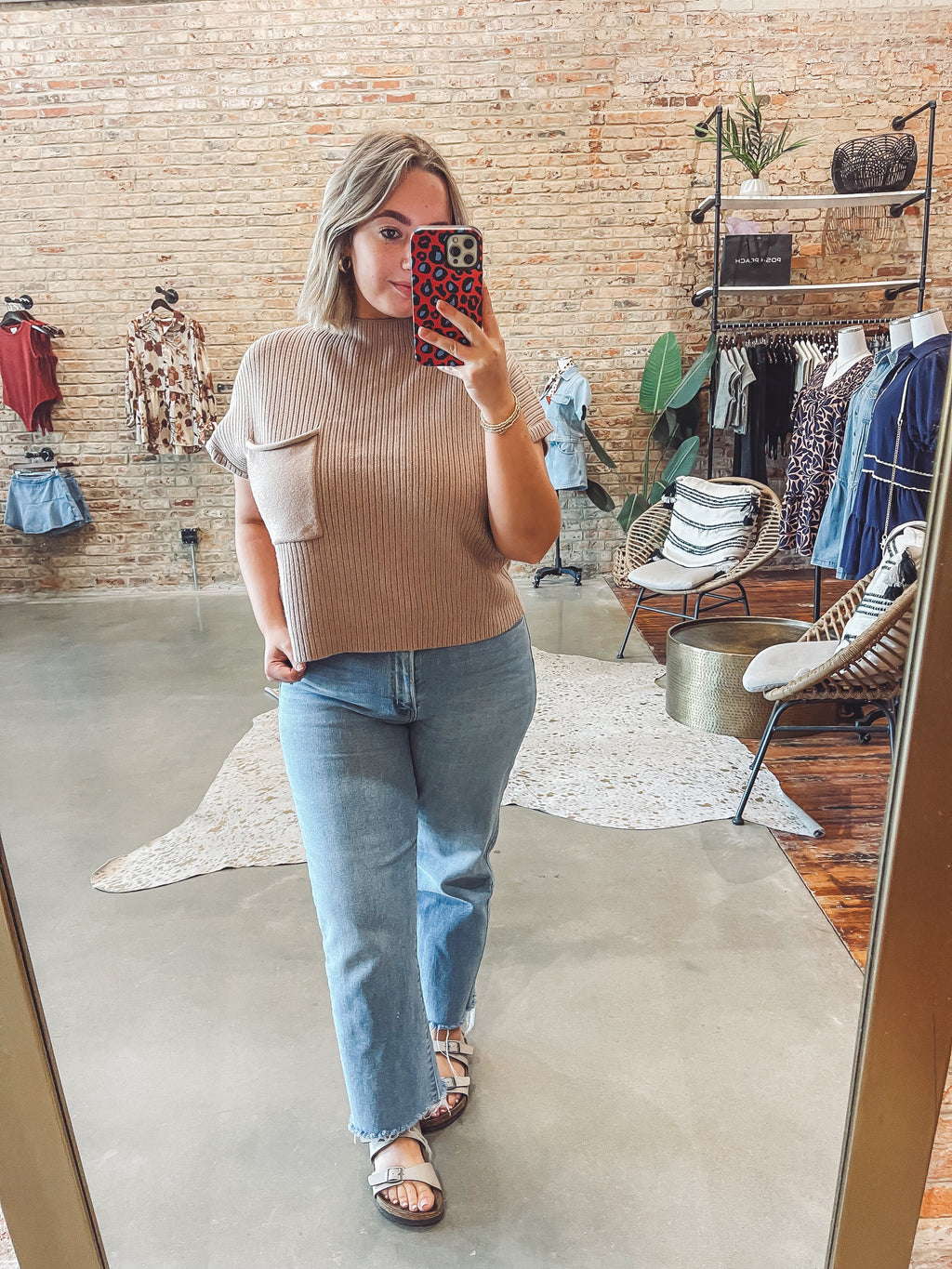 Mock neck pocket top - taupe