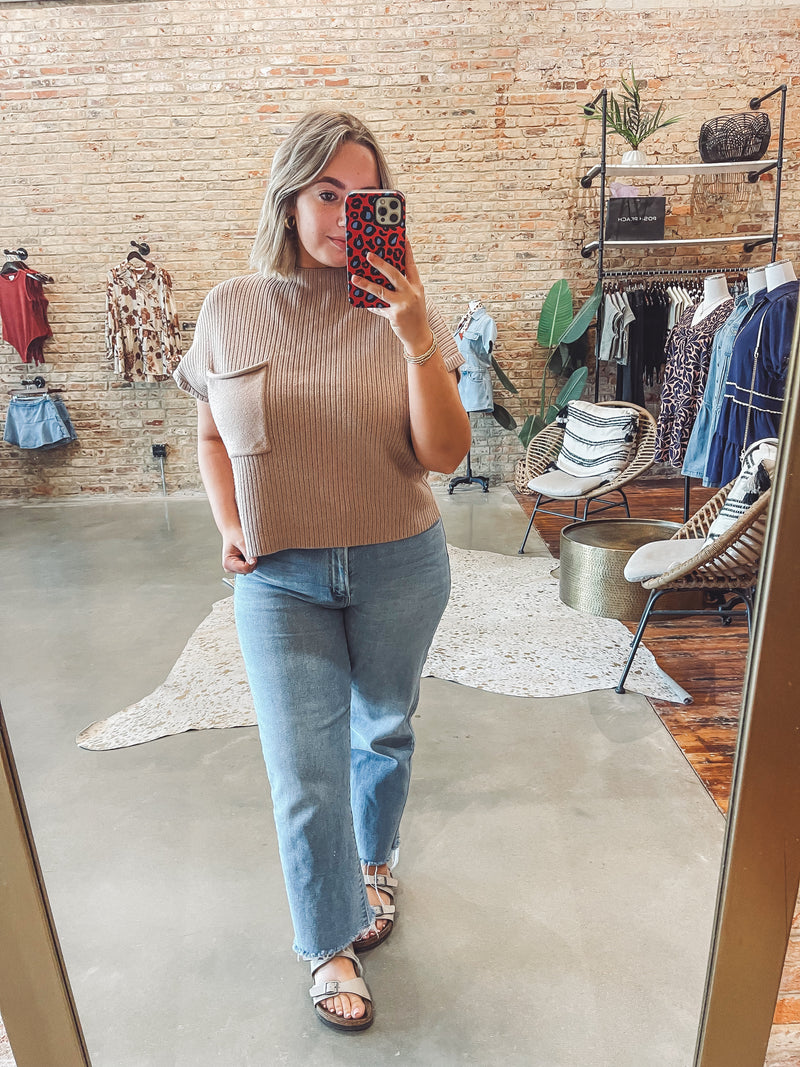 Mock neck pocket top - taupe
