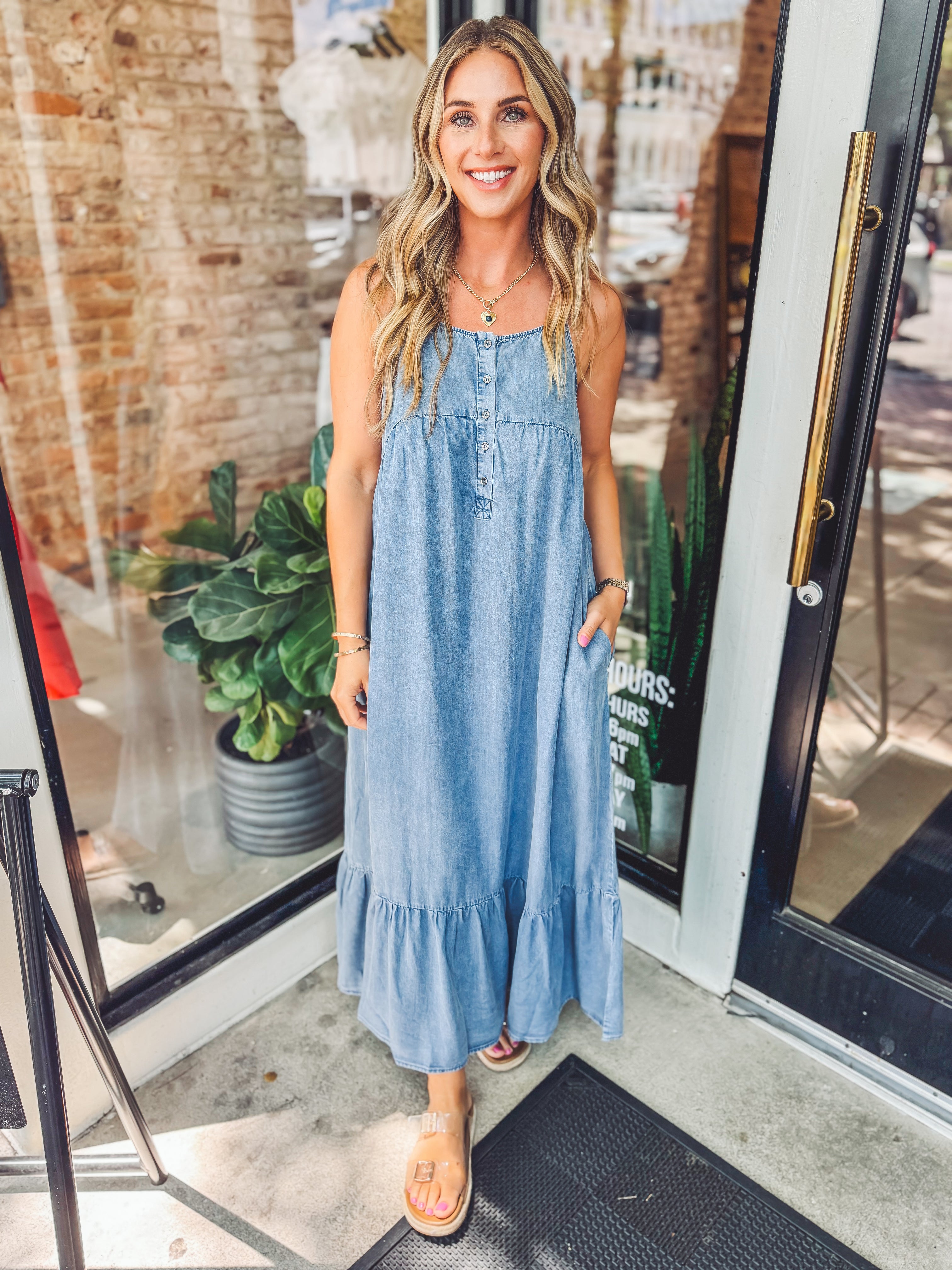 midi chambray dress Light Blue Striped Maternity Shirt Fabric has no stretch High Neck Chambray Midi Dress