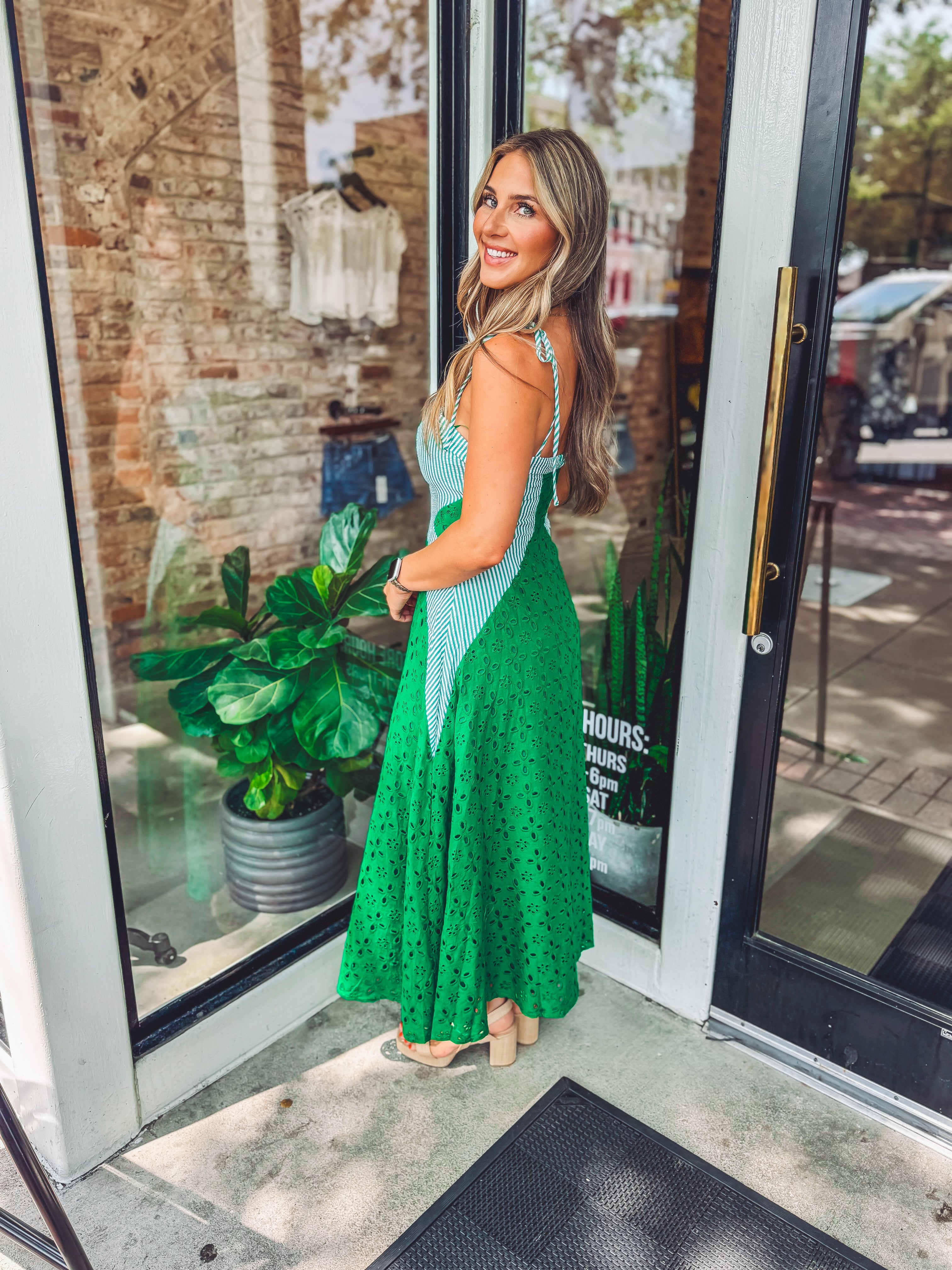green eyelet maxi dress Faeryn Eyelet Tiered Maxi Dress  Emerald Green