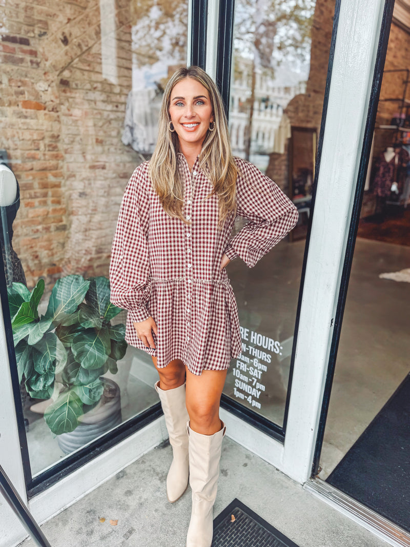 Burgundy gingham dress