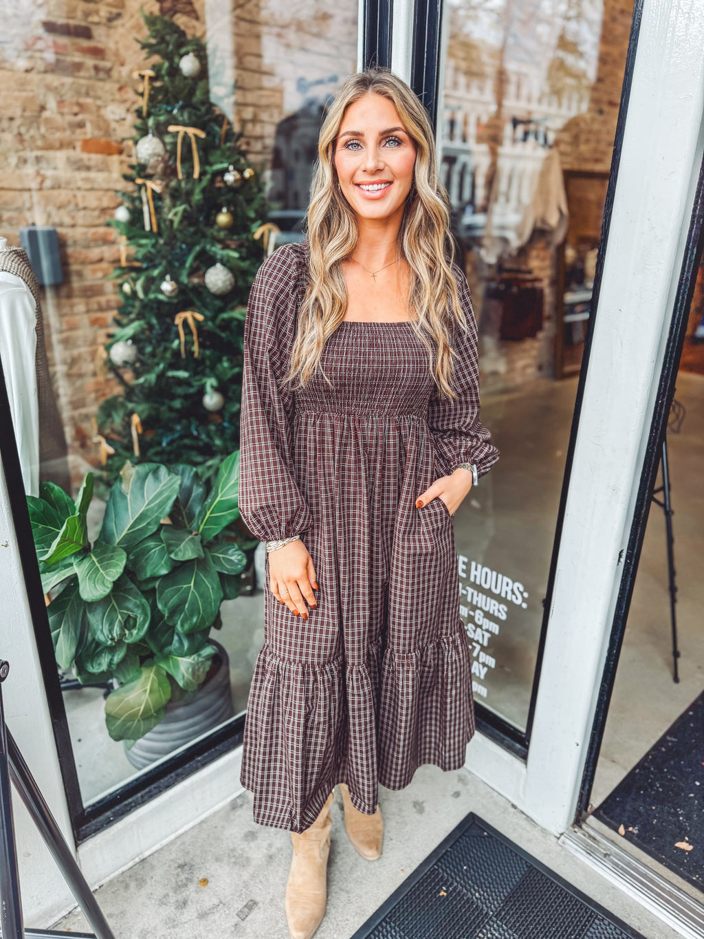 Plaid smocked midi dress