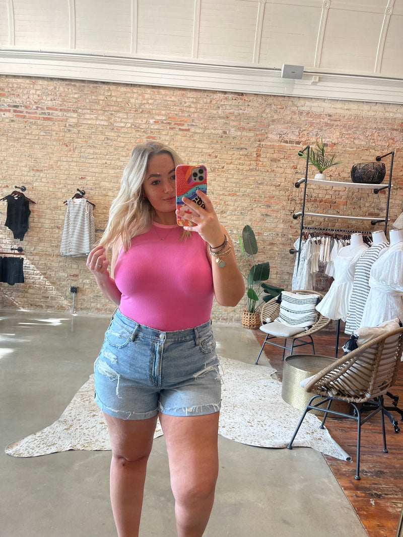 Color block round neck bodysuit - pink