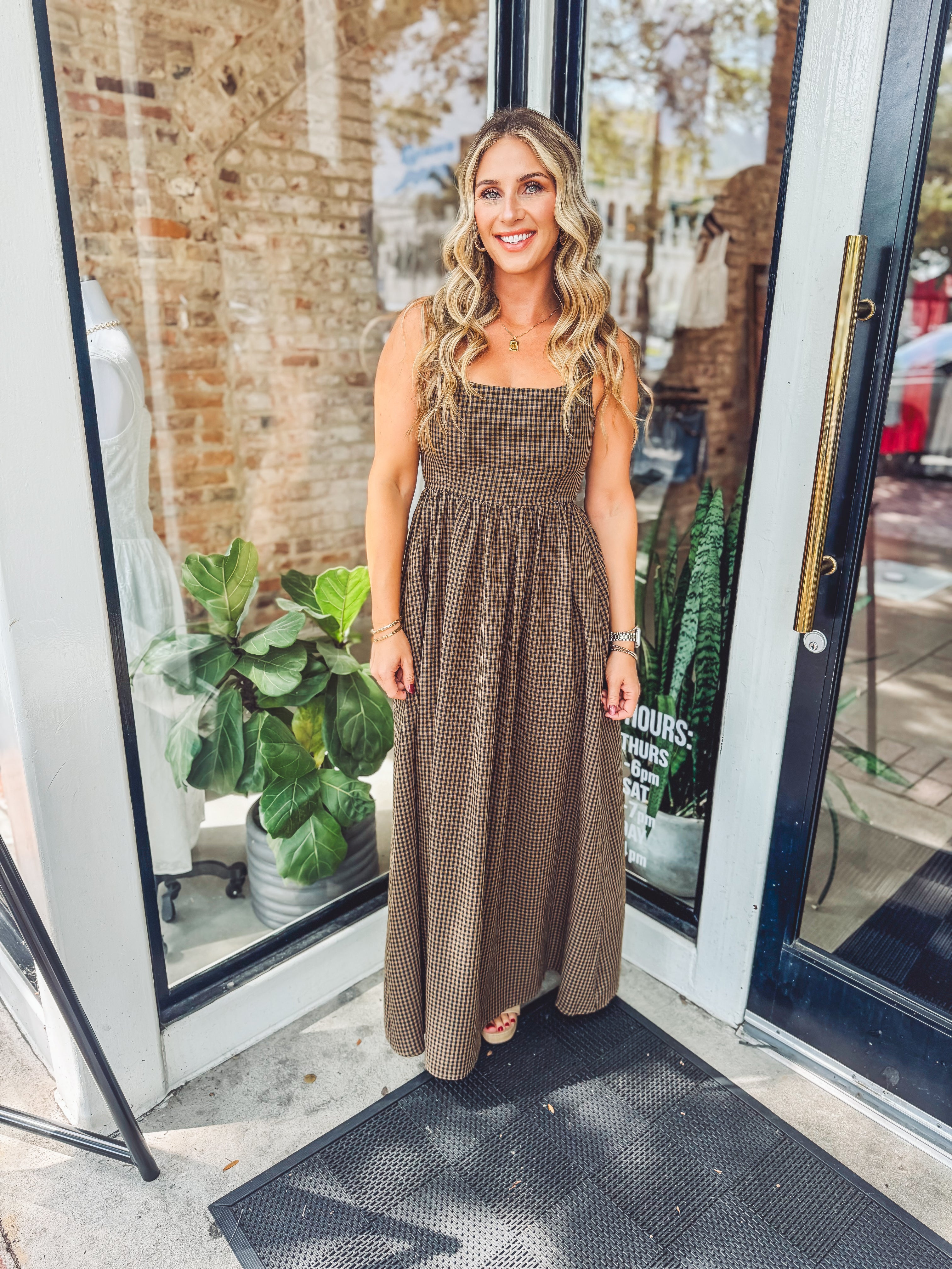 brown gingham maxi dress whether youre exploring farmers SID-21996R Black Dress Womens Dress Neck Size:18 1/2